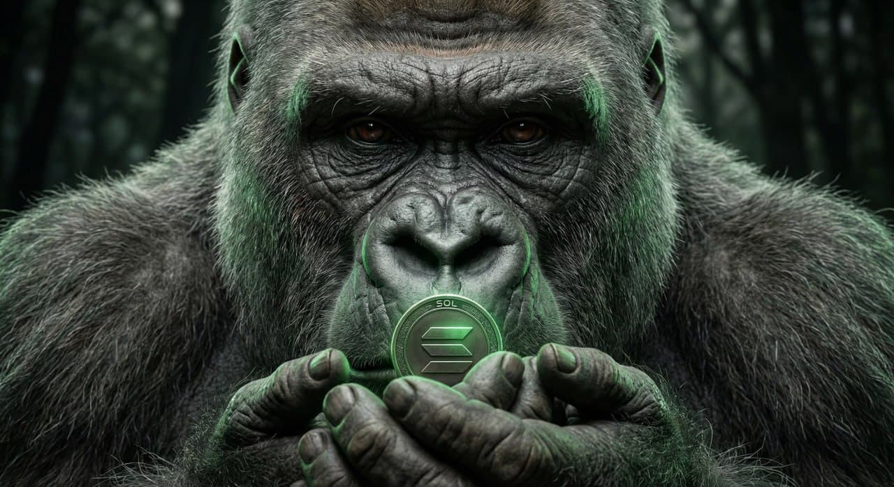 Close-up of gorilla face holding a coin with green highlights
